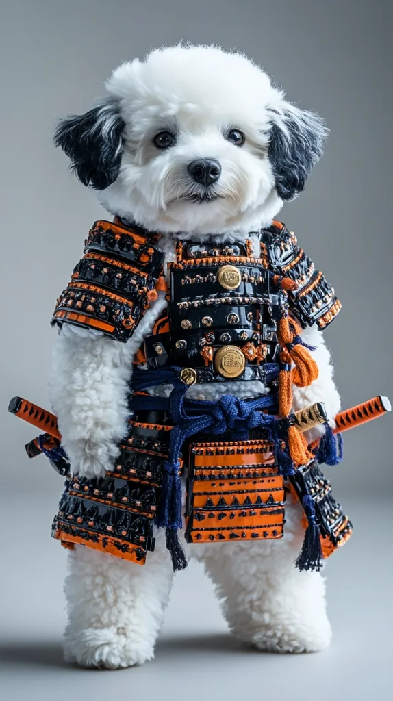 A small, white dog with black patches around its ears is dressed in a miniature samurai armor. The armor is black, orange, and gold, with intricate details. The dog stands on a grey background, holding two small swords. It looks straight at the camera, but the expression on its face is unreadable.  The dog is dressed in a playful and cute way, creating a humorous and heartwarming image.