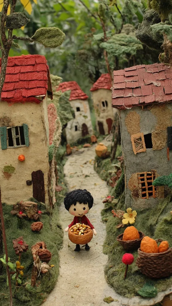 A miniature doll, carrying a basket of nuts, walks down a path in a miniature village. The village is made of small houses with red roofs, and the path is lined with green foliage. The scene is quaint and charming, and the doll looks happy and carefree.  The image is a whimsical and imaginative portrayal of a world in miniature.