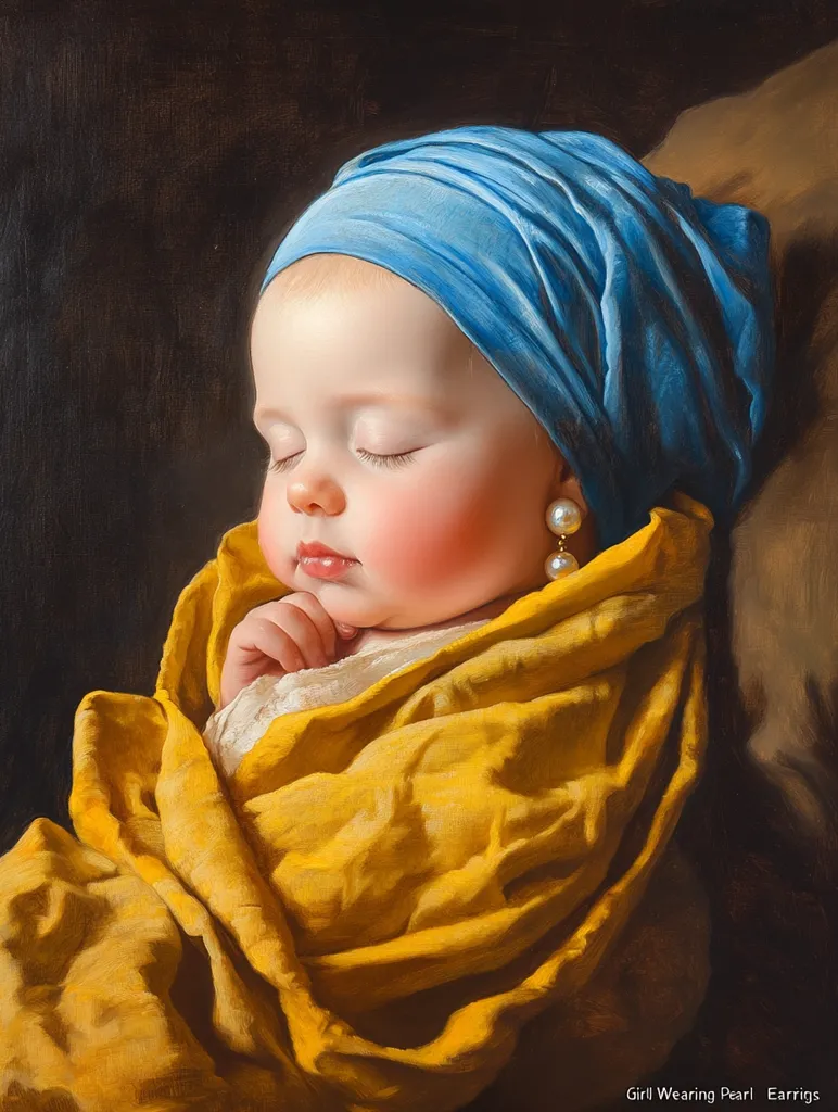 A baby girl with rosy cheeks sleeps peacefully in a yellow blanket. She wears a blue turban and a large pearl earring in her left ear.  The light catches her soft skin and the folds of her blanket. The painting is a modern take on a classic portrait.