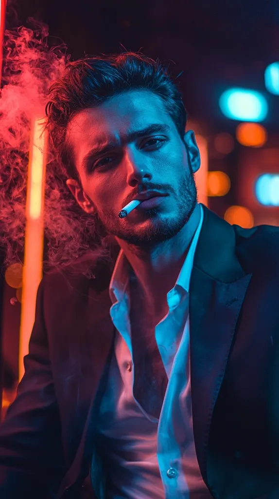 A man with a beard, wearing a suit jacket over a white shirt, stands in a dimly lit room with colored lights. He is smoking a cigarette, and the smoke trails behind him. The light casts a blue hue on his face and clothes, while a red glow shines on the wall behind him. His gaze is directed toward the left, creating a sense of intrigue. The image captures a cool and mysterious atmosphere.