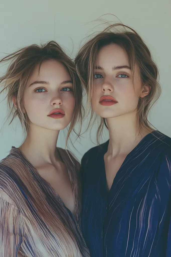 Two young women, possibly sisters, stand close together, gazing at the camera with similar expressions. They have light blonde hair and striking blue eyes. The woman on the left wears a light brown and white striped shirt, while the woman on the right wears a dark blue shirt with white streaks. The background is a plain white wall. The image captures a sense of intimacy and quiet confidence.