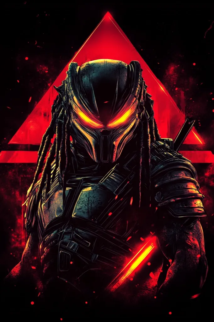 A Predator, with glowing red eyes, stands in front of a red triangle. It is wearing a black, metallic suit and has dreadlocks. The Predator is holding a glowing red blade in its right hand. The background is dark with red and orange highlights.
