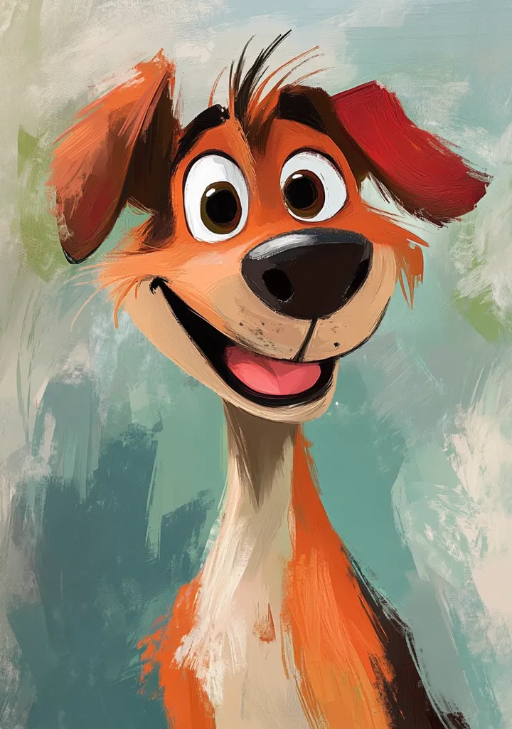 A cartoon dog with large, expressive eyes and a wide, toothy grin. It has orange and brown fur, floppy ears, and a black nose. The background is a painted teal and white abstract design. The dog looks happy and playful, with a sense of joy and excitement in its eyes. The image is painted in a loose, expressive style.