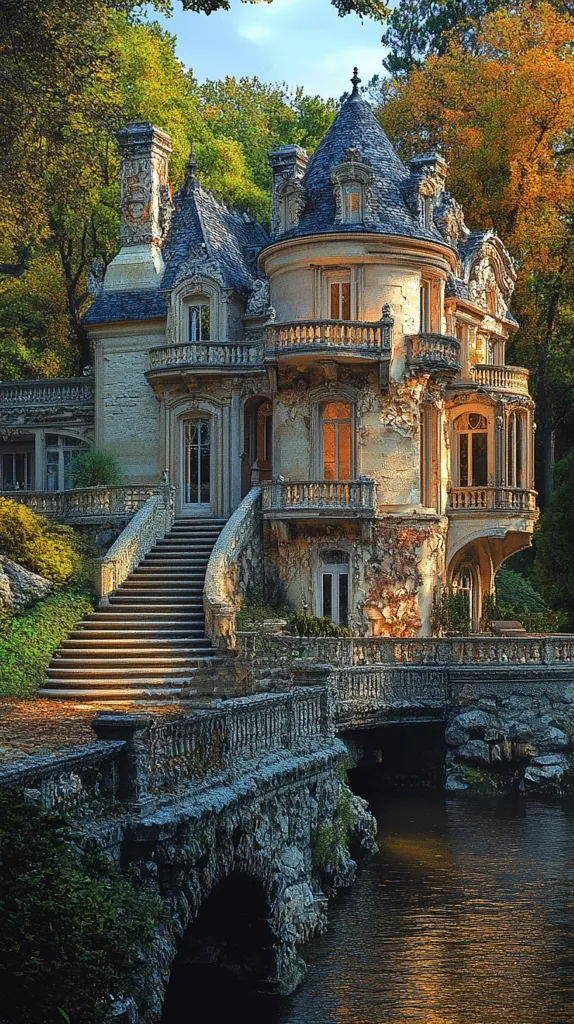 A grand, stone-built house with a tower, balconies, and a sweeping staircase leading down to a tranquil river. Lush greenery surrounds the property, creating a picturesque and enchanting scene.  The house is adorned with intricate architectural details, hinting at a rich history and a sense of timeless elegance. The sunlight casts warm reflections on the water, enhancing the magical atmosphere.
