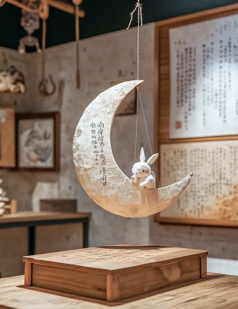 A delicate, white, crescent moon hangs from the ceiling, carved with intricate details and Chinese characters. A small, white rabbit figurine sits on the moon, its ears perked up as if listening. The moon hangs above a wooden box with a lid, resting on a wooden table. The scene is quiet and serene, with soft, natural lighting casting long shadows.  The overall mood is one of peace and tranquility, reminiscent of a traditional Japanese or Chinese tea ceremony.