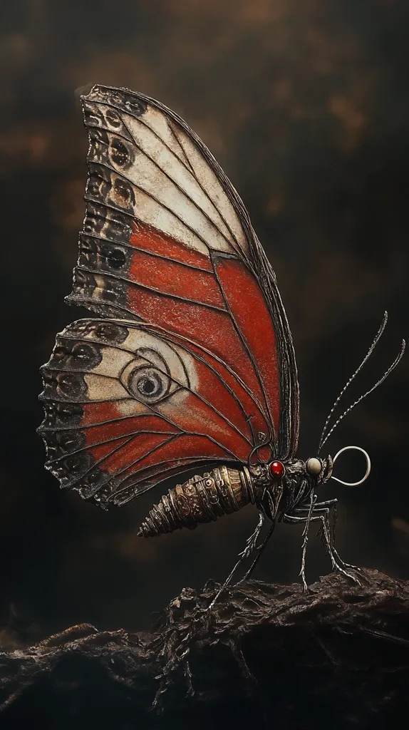 A steampunk butterfly with intricate metalwork details and red and white wings rests on a dark, textured surface. Its body is a blend of metallic gears, cogs, and a red jewel, creating a whimsical and futuristic aesthetic. The dark background enhances the butterfly's intricate details and creates a sense of mystery.  The image evokes a sense of fantasy and wonder.