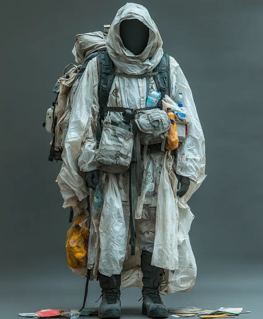A person dressed in a white hooded coverall and a large backpack stands against a grey background. They are wearing heavy boots and have several pouches and bags attached to their clothing. Their face is obscured by the hood, giving an air of mystery and anonymity. The person appears to be heavily laden with supplies and ready for a long journey.