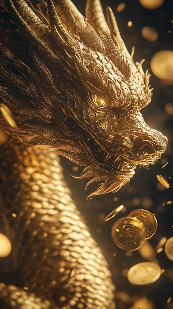 The image shows a golden dragon with a fierce expression. Its scales and beard are intricately detailed, and its eye glows with a menacing light. The dragon is surrounded by golden coins, which are falling from the sky. The image evokes a sense of wealth, power, and mystery.