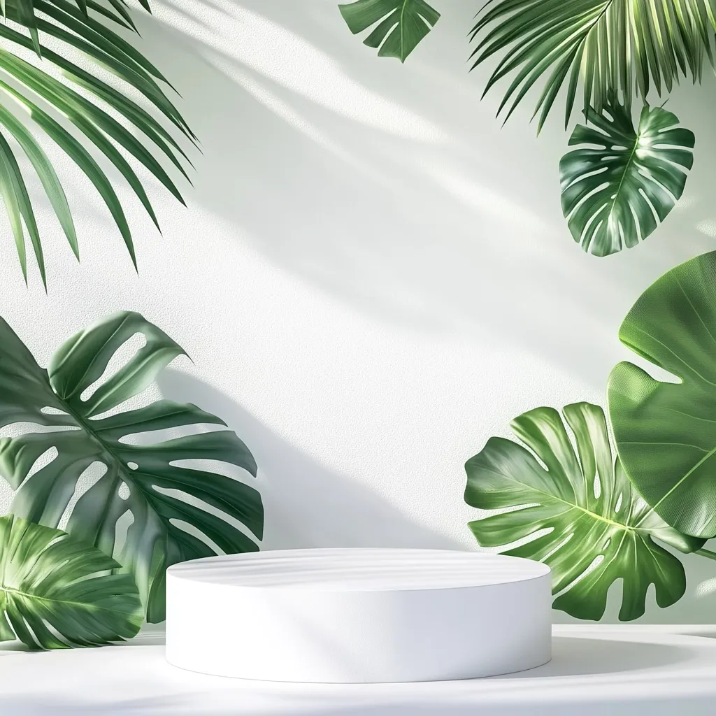 A white cylindrical platform sits in the center of the image, surrounded by various tropical plants. The background is a plain white wall with dappled sunlight, creating a clean and minimalist aesthetic. The image has a calming and serene feel, ideal for product showcasing.