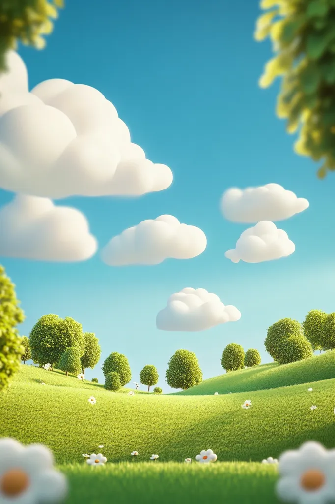 The image depicts a picturesque landscape with a vibrant green grassy field dotted with fluffy white clouds in a bright blue sky. The rolling hills are adorned with lush green trees, creating a serene and idyllic setting. White daisies scattered across the field add a touch of beauty and charm. The scene evokes a sense of peace and tranquility, perfect for a relaxing day in nature.
