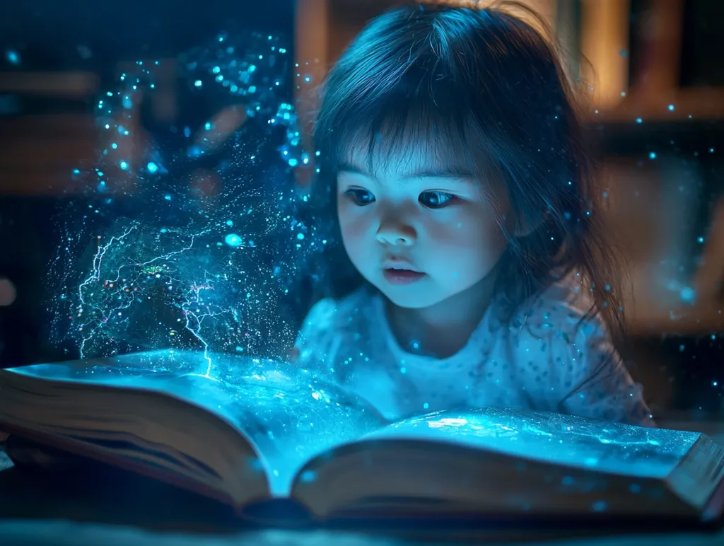 A young girl with dark hair and big, curious eyes is engrossed in a book that is emitting a magical, blue glow. The book is open wide, revealing a swirling galaxy of light and sparks, as if the story within is coming to life. The girl's expression is one of wonder and fascination, suggesting that she is completely transported by the tale. The image captures the power of imagination and the magic of storytelling.