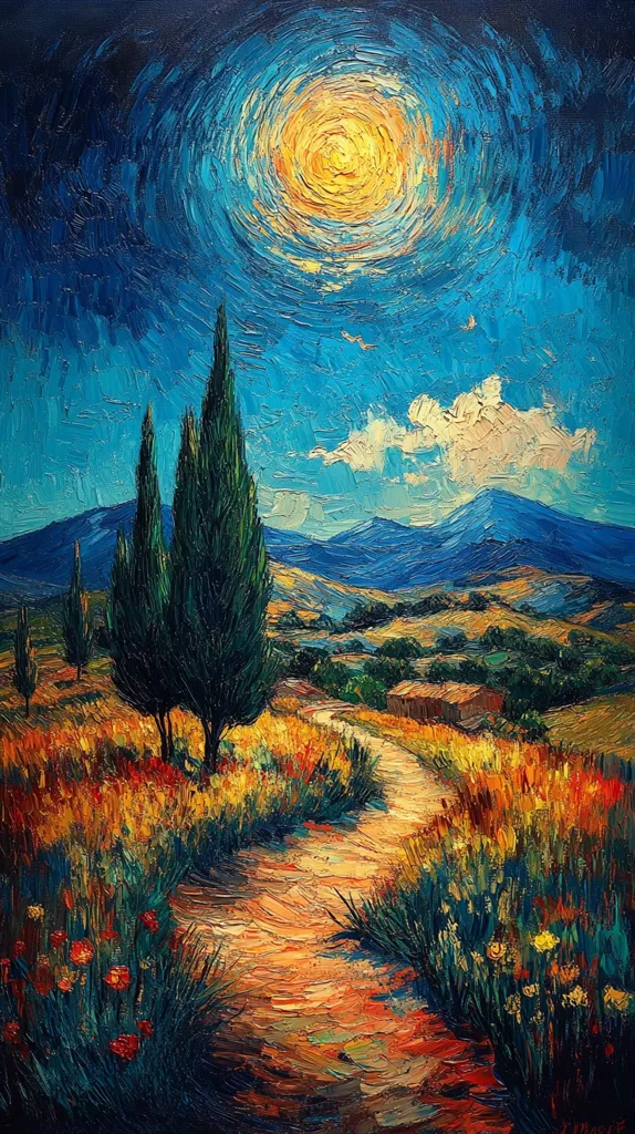 The painting depicts a sun-drenched landscape with a winding path leading towards distant, blue mountains. Three tall, dark green cypress trees stand prominently near the path, their foliage contrasting with the vibrant yellow wildflowers that line the way. The sky is a vivid blue, with a large, swirling sun and a few puffy white clouds adding depth and dimension. The scene evokes a sense of peace and tranquility, inviting the viewer to imagine a leisurely stroll through this idyllic countryside. The artist's use of thick, textured brushstrokes adds a tactile quality to the painting, further enhancing the overall impression of warmth and beauty.