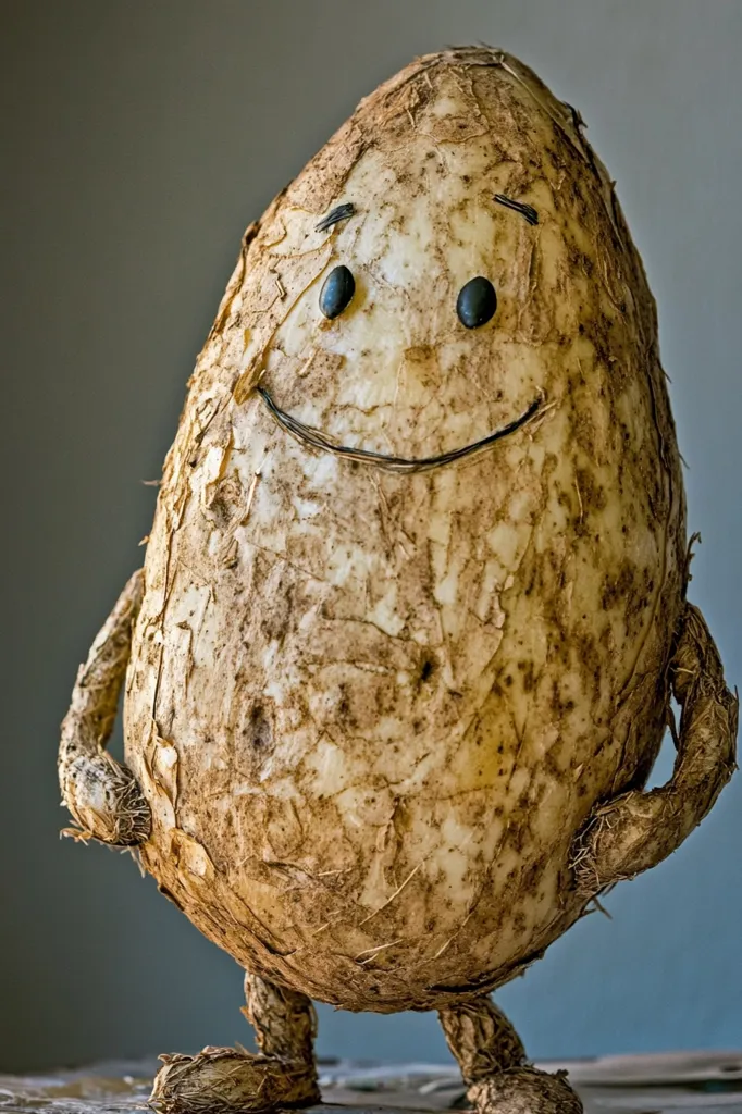 A large, brown, knobbly potato with two small black eyes and a drawn-on smile stands with its arms crossed.  Its skin is rough and textured, and it has a long, thin stem coming out of its top.  The potato is standing on a wooden surface, with a blurred blue background.  It looks happy and content.