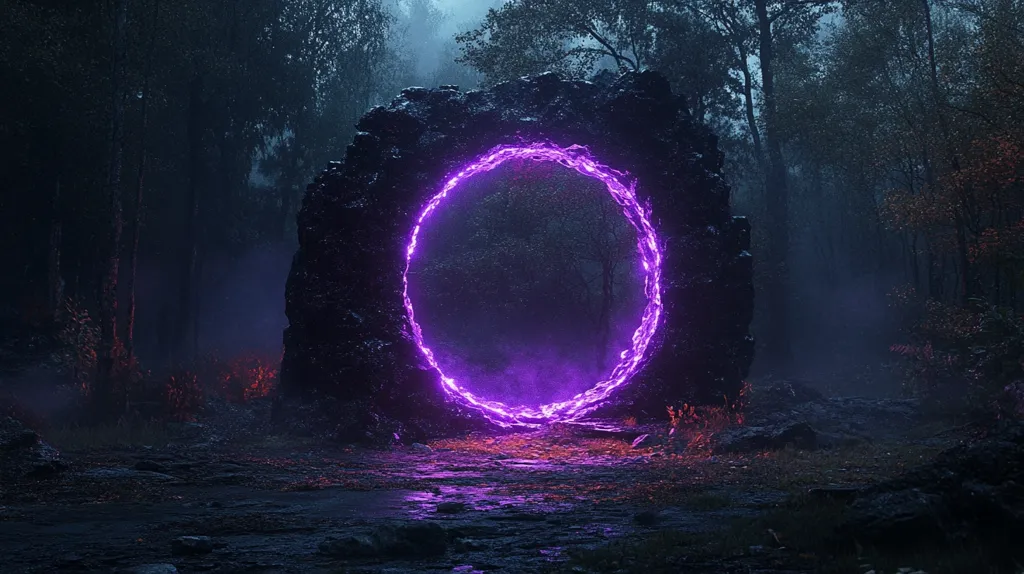 A large, glowing purple ring, seemingly made of energy, sits nestled within a rocky archway in a dark, misty forest. The ring casts a faint purple glow on the surrounding foliage, creating an ethereal and otherworldly atmosphere.  The scene is shrouded in mystery and hints at the potential for a portal to another dimension or realm.