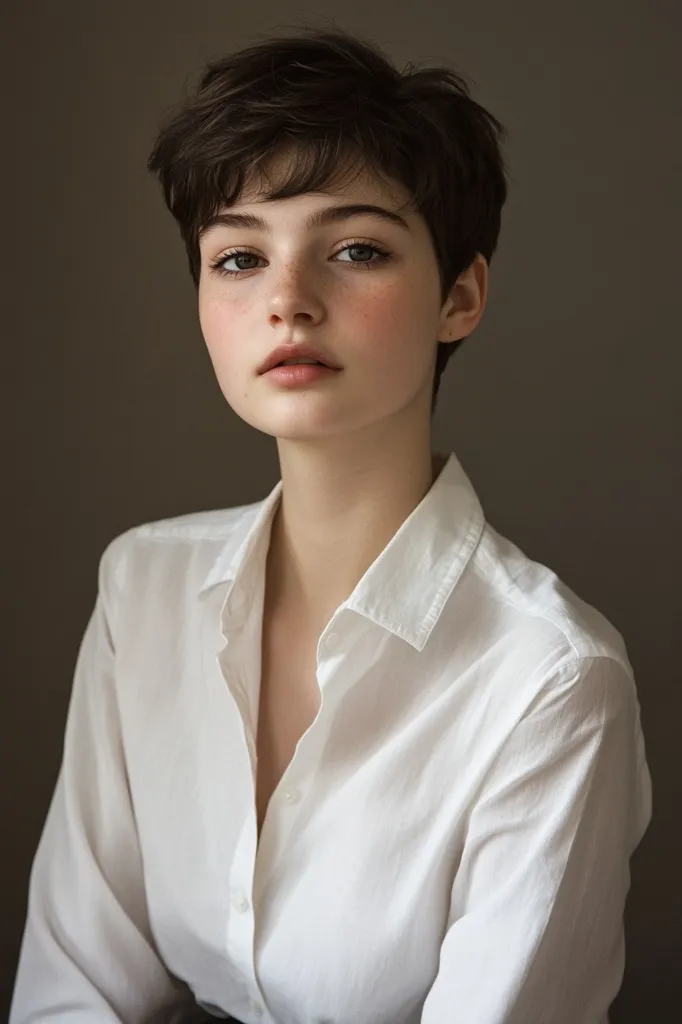 A young woman with short, dark hair looks directly at the camera. She has a fair complexion, with light brown eyes and rosy cheeks. She is wearing a crisp white button-down shirt with the top button undone, revealing a glimpse of her chest. The background is a simple, neutral brown. The image captures a sense of natural beauty and effortless style.