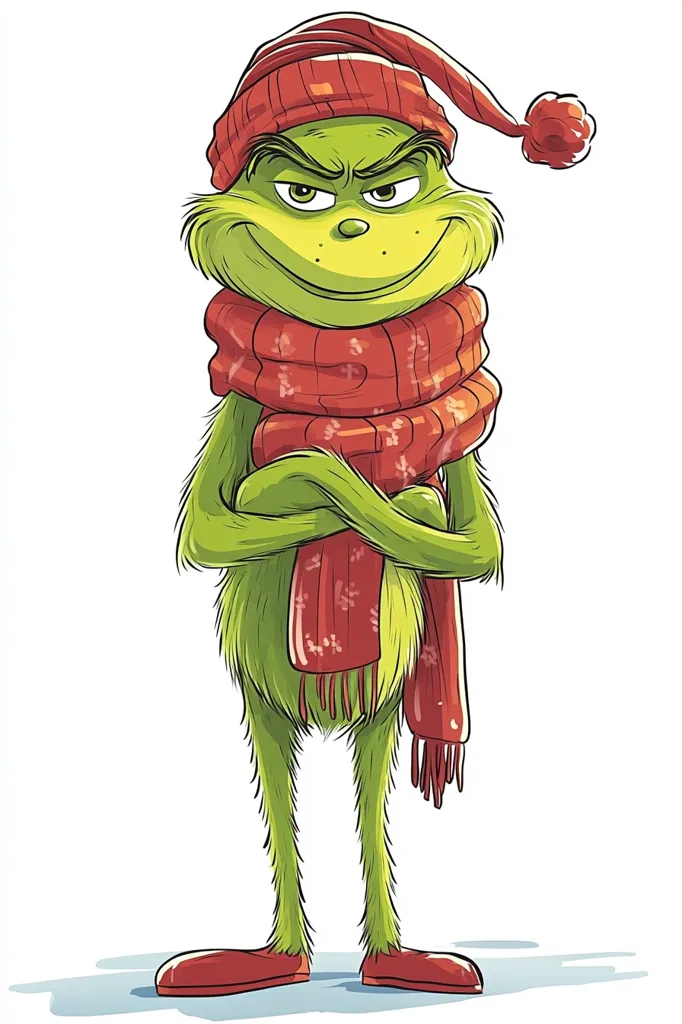 The Grinch is wearing a red hat with a white pom pom, a red scarf with white snowflakes, and red shoes. He is standing with his arms crossed and a mischievous grin on his face. He is looking to the right, implying he is plotting something. The Grinch is a popular fictional character from the Dr. Seuss story "How the Grinch Stole Christmas!"