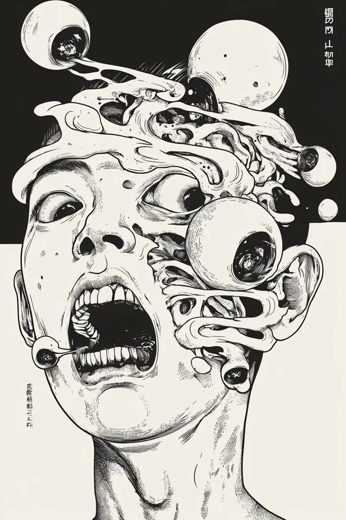 The image is a black and white illustration of a person's head with their skin and flesh peeled back, revealing a grotesque and disturbing anatomical structure.  Multiple eyeballs protrude from the head, and a large, open mouth screams in agony.  The illustration evokes feelings of horror and discomfort, reflecting the pain and disfigurement of the subject.
