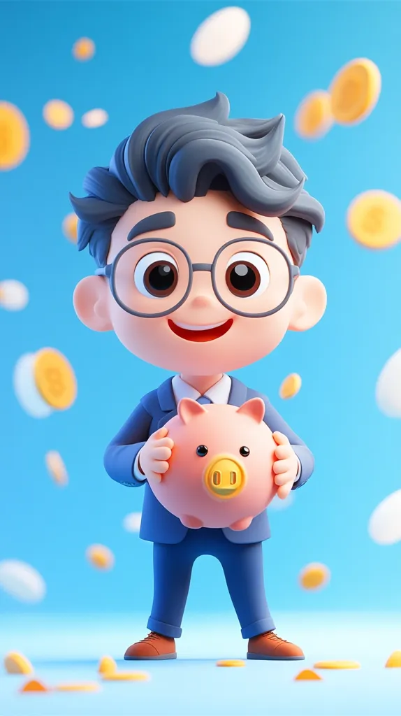 A cartoon character, a young man with glasses and a blue suit, holds a pink piggy bank. He stands against a light blue background with scattered coins and white shapes in the air. The man smiles, looking happy and content, likely symbolizing saving money.  The image conveys a positive and cheerful tone, suggesting the importance of saving.