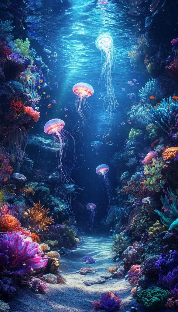 The image depicts a vibrant underwater scene. Lush coral reefs, in hues of pink, purple, and orange, line a sandy path. A ray of sunlight pierces through the clear blue water, illuminating several jellyfish. The jellyfish are various shades of pink and are gently drifting through the water, their long tentacles trailing behind them.  The image is a beautiful representation of the tranquility and beauty found beneath the ocean's surface.