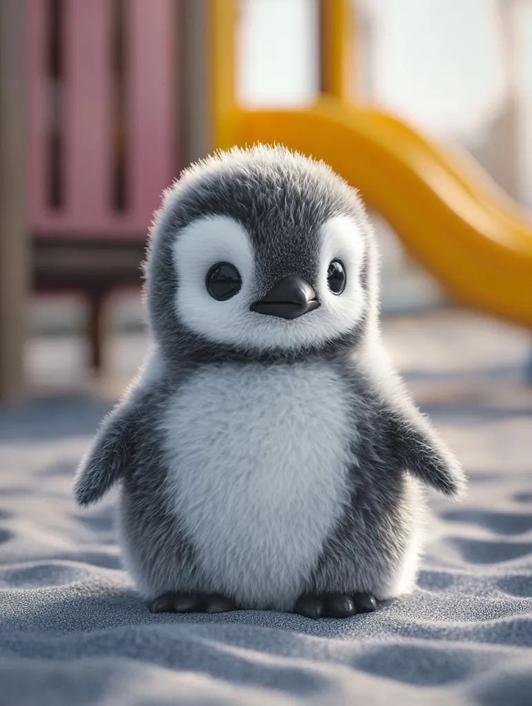 A small, fluffy penguin chick sits on a sandy surface, with a blurred background of a pink and yellow playground structure. The penguin has large, dark eyes and a small, black beak. Its body is covered in soft, white and grey feathers. The chick appears to be looking at something off-screen, with a curious expression.