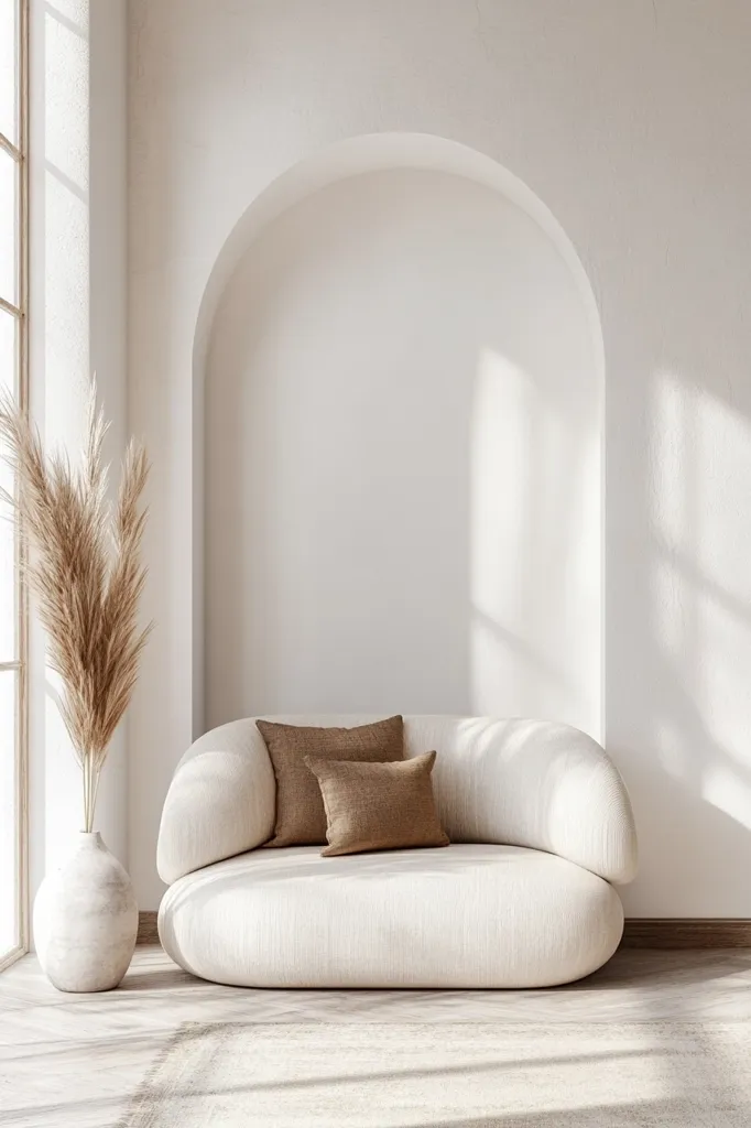 A minimalist living room with a large white sofa, two brown throw pillows, a vase of dried pampas grass, and a white arched wall. The room is bathed in natural light, creating a sense of calm and serenity. The simple, clean lines of the furniture and decor create a sense of sophistication and elegance.  The room has a large window on the left side, allowing in natural light.