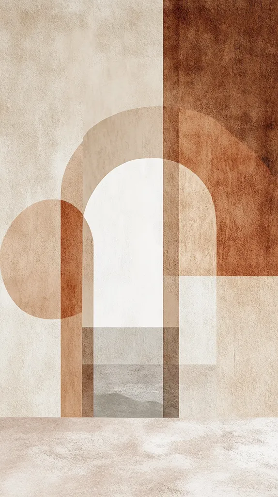 The image depicts a minimalist, abstract design. A large, white archway is framed by geometric shapes, creating an illusion of depth. The shapes are filled with muted browns and tans, giving the artwork a sense of warmth and serenity. The overall effect is one of tranquility and balance, with the contrasting colors and simple lines creating a visually appealing composition.  The image evokes a feeling of modern art and simplicity.