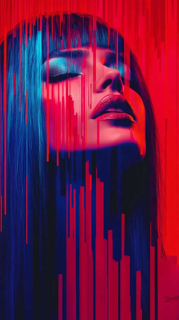 The image is a close-up portrait of a woman with long dark hair. Her eyes are closed and her lips are painted a bright red. The background is a vibrant red and blue, creating a striking contrast. The woman's face is obscured by a digital glitch effect, adding a surreal and futuristic feel to the image. The composition is dynamic and eye-catching, with the lines of the digital glitch adding a sense of movement. Overall, the image is a powerful and enigmatic representation of beauty and technology.