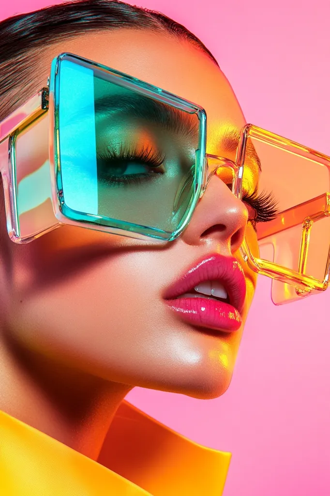 A woman with dark hair is wearing large, oversized sunglasses with a teal blue lens on one side and a yellow lens on the other. She has on pink lipstick, and the background is a bright, pink, and yellow gradient. The woman is looking to the side. The image has a retro, 80s style.