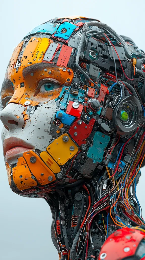 The image depicts a robot with a human-like face constructed from a complex arrangement of colorful circuits, wires, and gears. The robot's skin appears to be made of interconnected circuit boards with exposed wires and connectors. The face features a single, large, blue eye, and the mouth is slightly open, revealing a hint of red lipstick. The robot's neck is a tangle of wires and cables, suggesting intricate inner workings. The overall image evokes a sense of futuristic technology and the blurred lines between human and machine.