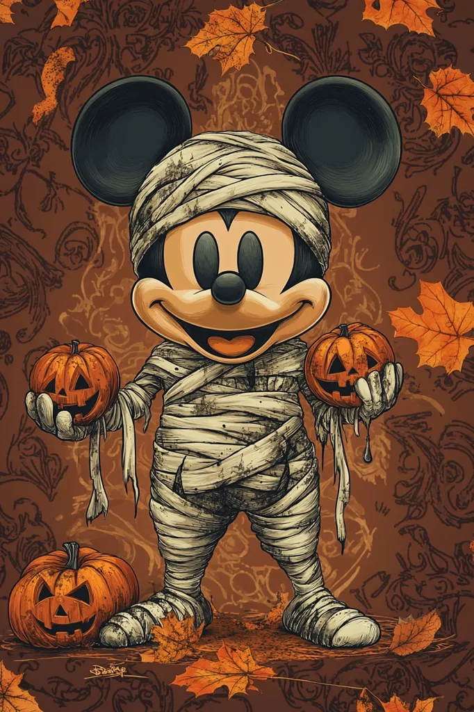 Mickey Mouse is dressed as a mummy for Halloween. He is holding two jack-o'-lanterns and standing on a patch of autumn leaves. He is smiling and looks excited to be celebrating Halloween. The background is a dark brown with a pattern of leaves. The image is drawn in a cartoon style.