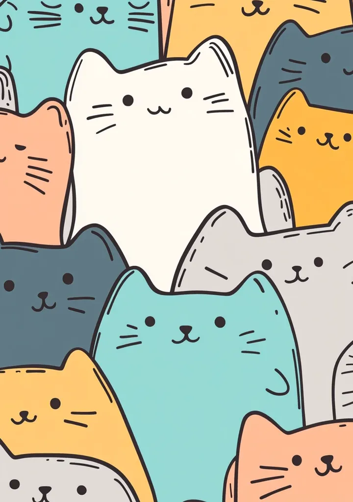 A colorful illustration featuring a group of cartoon cats, each with distinct personalities and expressions.  Their bodies are different shapes and sizes, creating a playful and dynamic composition.  The colors are bright and cheerful, giving off a fun and whimsical vibe.  The cats' large eyes and simple details make them both adorable and easily relatable.  The overall image exudes happiness and joy.
