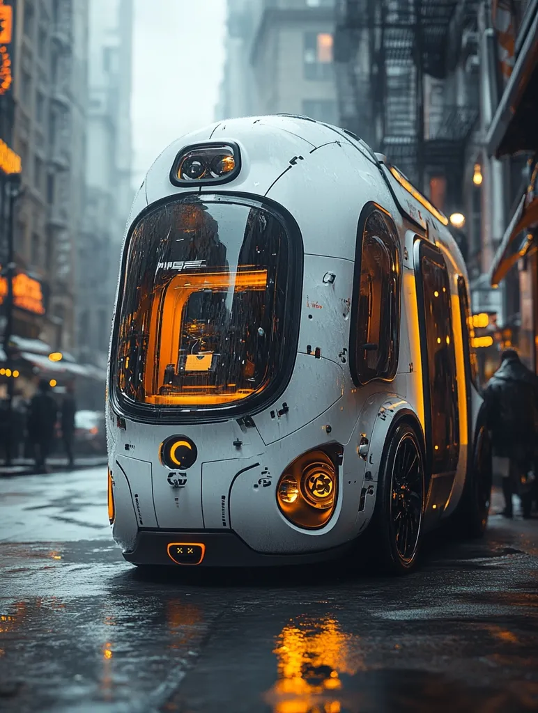 A futuristic, white, pod-like vehicle is parked in a city street. The vehicle has a large, clear window and a circular, glowing light on the front. It is wet from rain and there are reflections of streetlights on the wet pavement. The background shows the blurred city buildings and the reflections of streetlights on the walls. The vehicle appears to be a self-driving pod car with a sleek, modern design.
