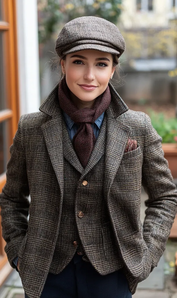 A young woman with short brown hair is wearing a brown tweed suit with a burgundy scarf and a brown newsboy cap. She is standing outdoors in a setting that suggests fall.  Her expression is warm and inviting.  The image is well-lit and the focus is on the woman and her clothing.