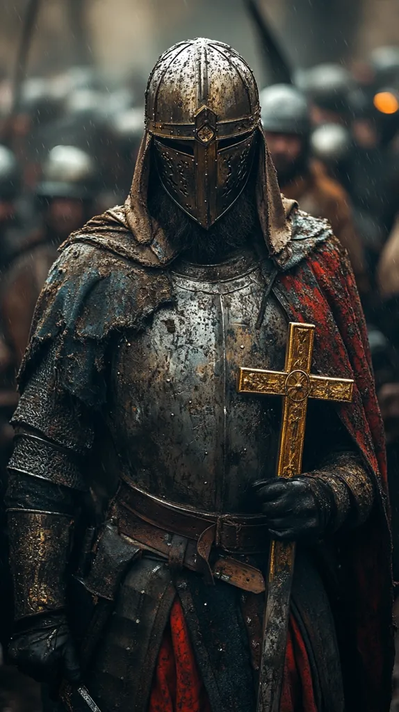 A medieval knight, clad in weathered armor, stands in the midst of a rain-soaked battlefield. He wears a helmet with a visor and a long cloak draped over his shoulders. A large, golden cross is clutched in his gloved hand, symbolizing faith and protection. The scene captures the gritty realism and somber atmosphere of a bygone era.