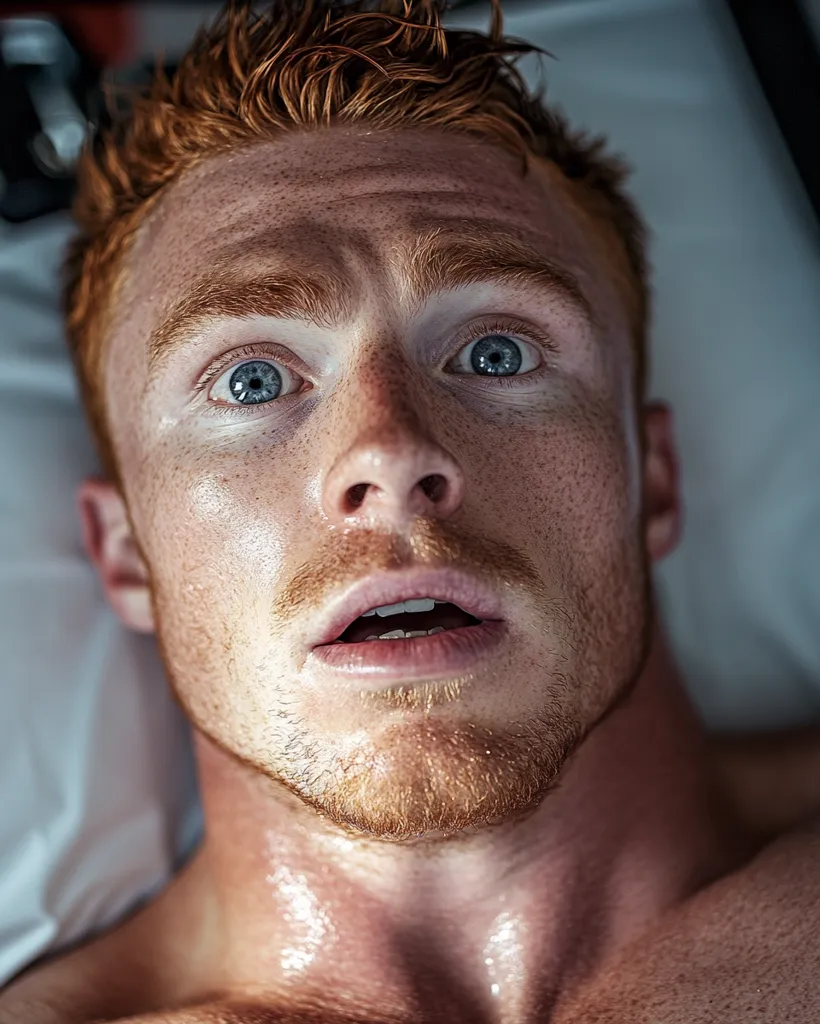 A young man with red hair and freckles lies on his back, his mouth slightly open in a look of shock or surprise. His blue eyes are wide and staring up. His skin is slick with sweat, giving the impression of exertion.  He is likely in a state of discomfort or distress.