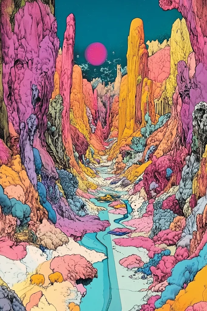 A fantastical landscape with vibrant colors and strange, organic shapes. Tall, slender rock formations dominate the scene, with a winding river flowing through the center.  The sky is a deep blue, punctuated by a large, pink sun. The entire image has a surreal and dreamlike quality.