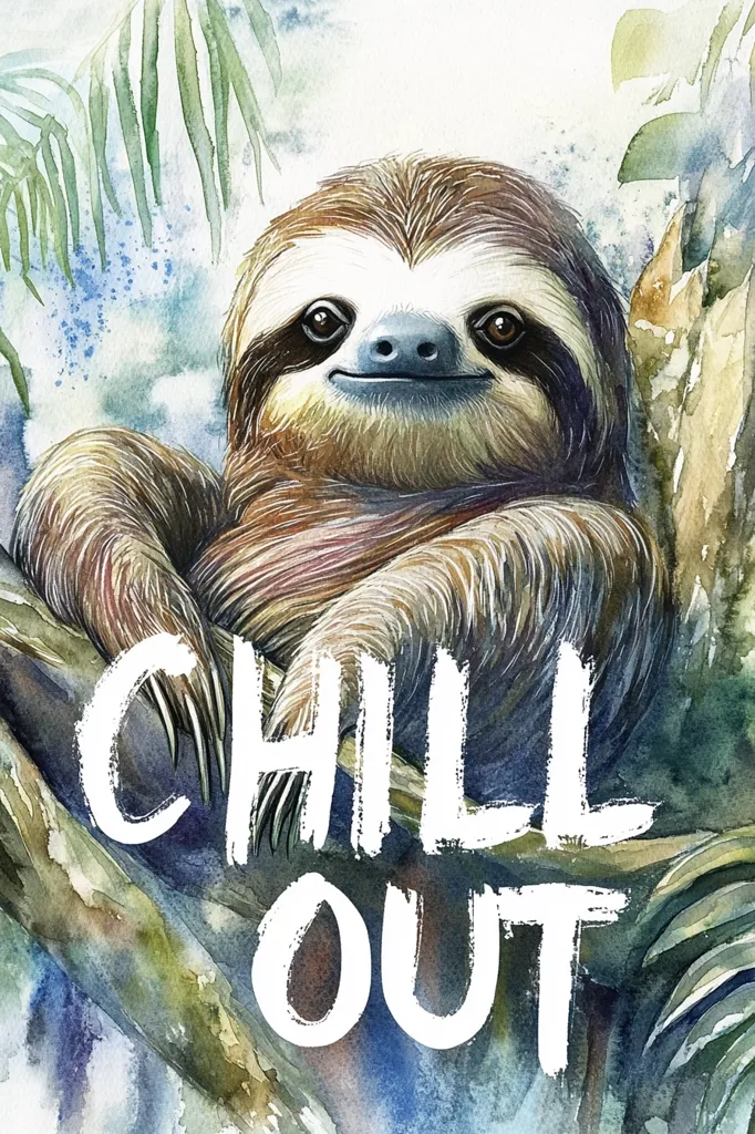 A watercolor painting depicts a sloth, looking at the viewer, perched on a tree branch. The sloth is brown and has a relaxed expression, its fur rendered in soft, brushstrokes. The background is a blurry watercolor wash of greens and blues, with the text \
