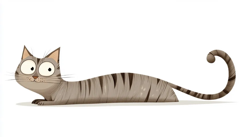 A cartoon cat with large, round eyes is lying down on a white background. Its tail is curled up in a loop. The cat is striped with brown and grey fur and has a pink nose. It looks curious and is facing towards the left.  The illustration is done in a simple, childlike style.