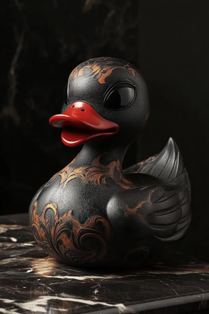 A black rubber duck with intricate gold detailing sits on a black and white marble surface. The duck has a bright red beak and large black eyes. The image is lit in a dramatic fashion, emphasizing the textures of the duck and the marble. The overall composition is simple and elegant, with a focus on the duck's unique design.
