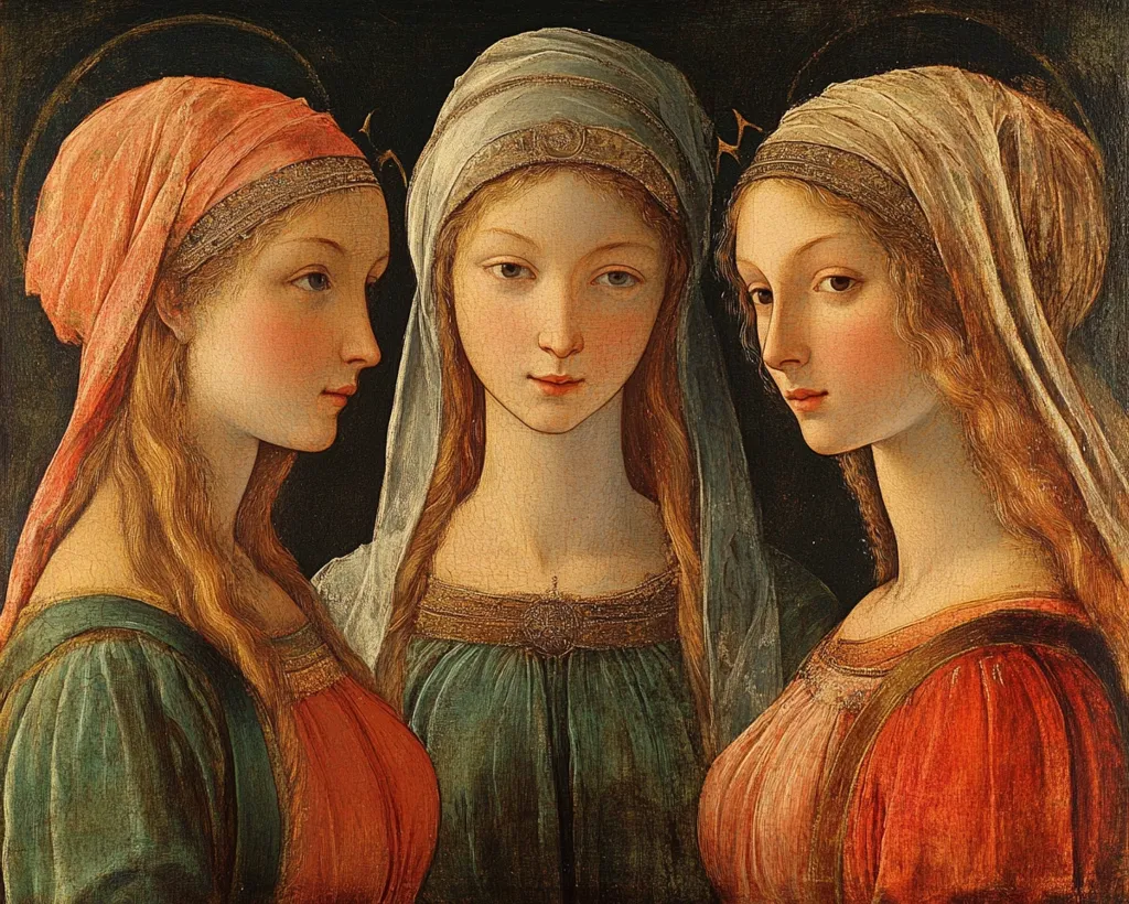 The painting features three young women, each with long flowing hair and wearing a veil. The woman in the center is the most prominently featured, with her head slightly tilted and her gaze directed forward.  The two women on either side gaze slightly away from the viewer, with the woman on the left looking to the right and the woman on the right looking to the left. They are all adorned with ornate clothing and jewelry, suggesting they are of noble birth. The background is a muted brown, drawing attention to the women and their delicate features.  The painting evokes a sense of calmness and quiet contemplation, suggesting a moment of shared intimacy.