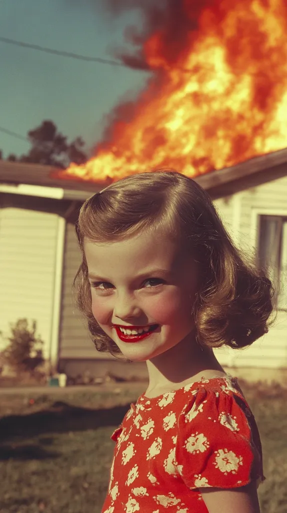 A young girl, with bright red lipstick and a red and white floral dress, smiles broadly. Her house is engulfed in flames in the background, but she appears unfazed by the danger. The image captures a moment of innocence and resilience in the face of adversity.