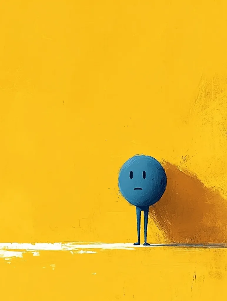 A blue, circular character with a sad expression and stick legs stands alone on a bright yellow background. The character's shadow stretches behind it, creating a sense of isolation and loneliness. The minimalist design and bright colors highlight the character's somber mood, leaving the viewer to ponder the character's thoughts and feelings.