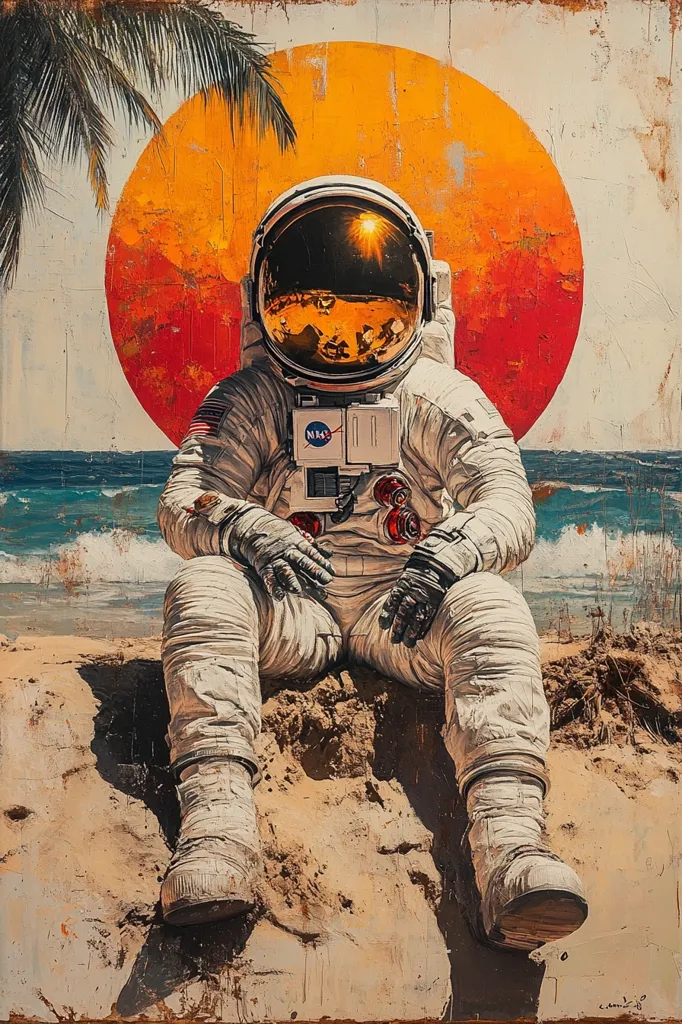An astronaut in a white spacesuit is sitting on a sandy beach.  The astronaut's helmet is reflecting a large orange sun.  The ocean is behind the astronaut, and palm trees are in the background. The scene is painted in a grunge style.
