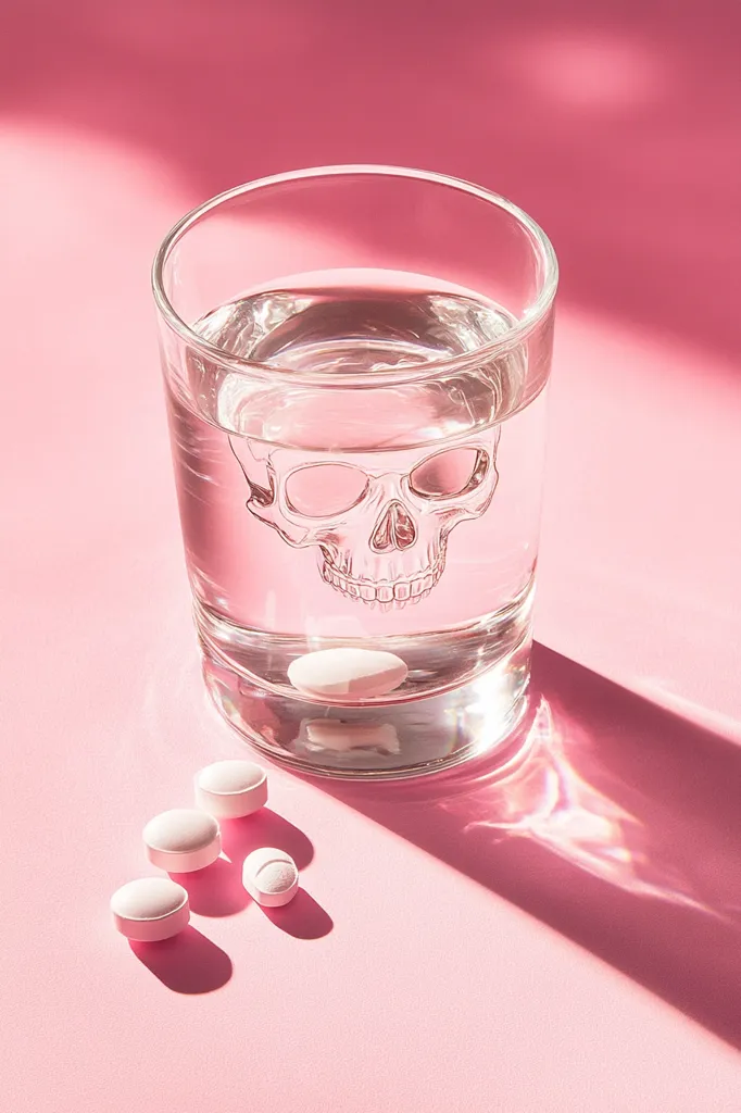 A glass of water sits on a pink surface. A clear skull-shaped object sits at the bottom of the glass. Four white pills lie scattered around the glass, casting long shadows on the pink surface.  The scene is illuminated by soft, natural light, giving the image a serene and ethereal feel.