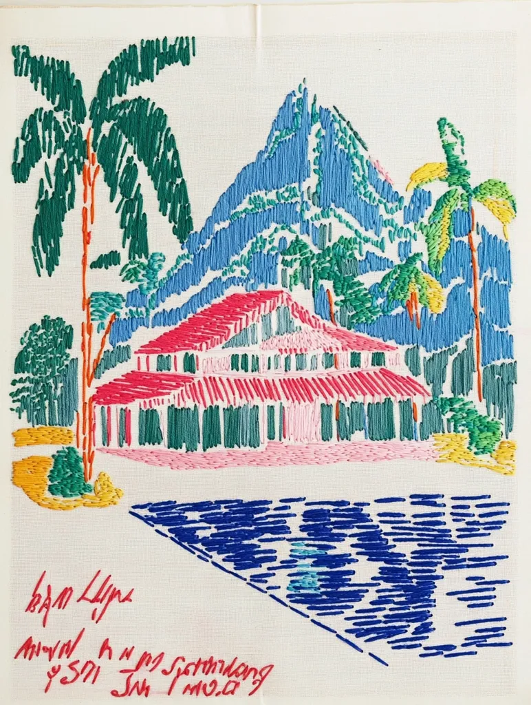 This is an embroidered image of a tropical scene with a pink house in the foreground, a swimming pool in the lower part, and a large blue mountain and lush palm trees in the background. The scene is stitched with various colored threads on a white fabric. The image is signed with a date and name in the bottom left corner.