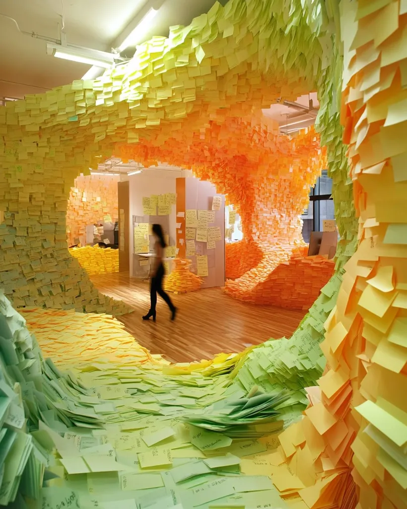 An office space is completely covered in sticky notes of various colors, creating a colorful and whimsical landscape. The sticky notes form hills and valleys, with a lone figure walking through the space. The notes are a vibrant mixture of yellows, greens, and oranges, creating a visually stunning and unique environment.  The notes are piled up high, reaching towards the ceiling, giving the impression of a chaotic and playful space.