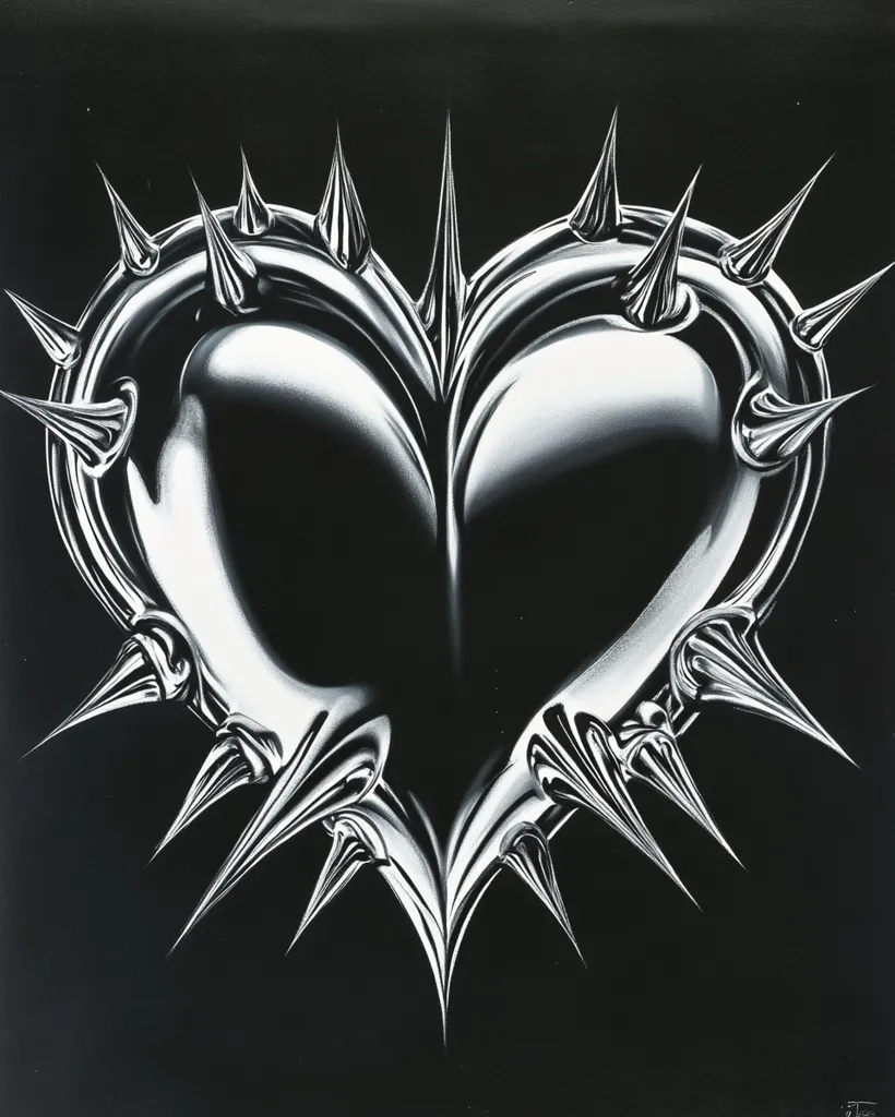 The image depicts a heart-shaped object, rendered in a sleek, metallic style. The heart is adorned with numerous sharp, pointed spikes, suggesting a protective or even aggressive nature. The contrasting black and white palette creates a stark and dramatic effect, emphasizing the sharp angles and forms. The overall impression is one of power, strength, and perhaps a touch of danger.