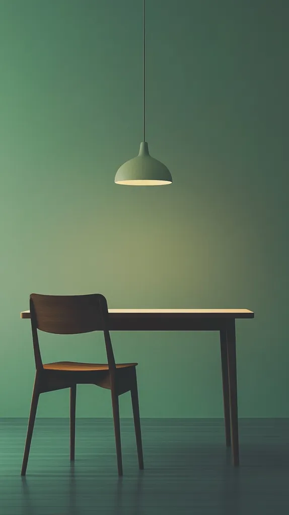 The image shows a simple, minimalist interior with a single wooden chair and table set against a muted green wall. A pendant lamp with a white shade hangs above the table, casting a warm glow. The scene is quiet and serene, with a sense of understated elegance.