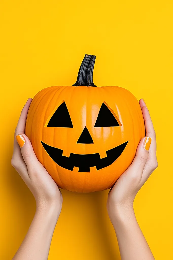 Two hands hold a carved jack-o-lantern pumpkin against a bright yellow background. The pumpkin has a classic jack-o-lantern face with triangular eyes, a wide smile, and a small triangle nose. The image is a simple, festive representation of Halloween.