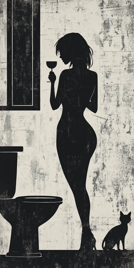 The image is a black and white silhouette of a woman holding a glass of wine, standing next to a toilet and a cat. The background is a textured wall. The woman is facing away from the viewer and her hair is long and flowing. The cat is sitting on the floor. The image is likely a humorous or ironic take on the idea of a woman's night in.